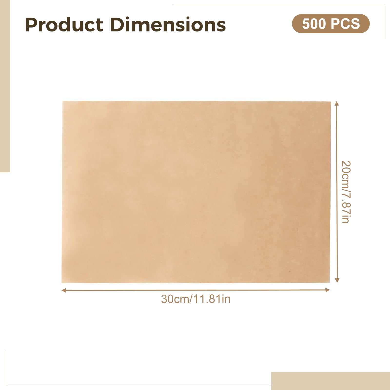 500 Stück Backpapierblätter 30 x 20 cm, ungebleichtes Pergamentpapier, für den Kontakt mit Lebensmitteln, geeignet zum Backen, Grillen, Braten und Dämpfen