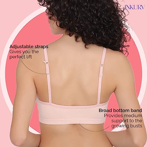 Image of INKURV Slip on Beginner's Bra for Girls, Non Padded, Non Wired, No Hooks with Double Layered Fabric, Adjustable Straps, Wirefree Sports Bra- Lisa Combo of 3