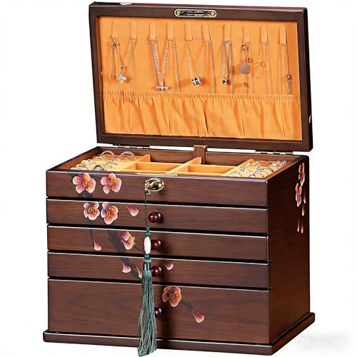 Xloverise Vintage Wooden Jewelry Boxes with Lock & Key - Hand-Painted Large Jewelry Organizer, 6-Layer jewelry organizers and storage, Rustic Tabletop Jewelry Storage Box for Women/Men