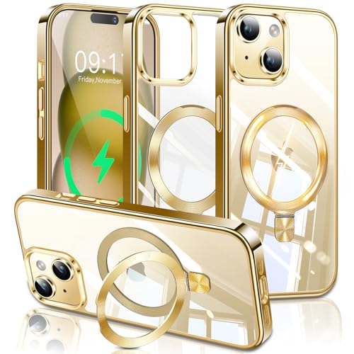 Image of ESTPEAK Titanium Gold CD Mag-Stand Case for iPhone 15 Case with Invisible Magnetic Ring, [Fit for MagSafe] [Never Yellowing] Top Clear Phone Case Cover for iPhone 15 6.1 inch Men Women