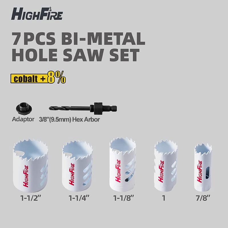 Image of HIGHFIRE Bi-Metal Hole Saw Kit, 7-Piece Hole Saw Set 7 /8 inch,1 inch,1-1 /8 inch,1-1 /4 inch and 1-1 /2 inch Hole Saw with Mandrels for Metal, Wood, Plastic, PVC and Drywall