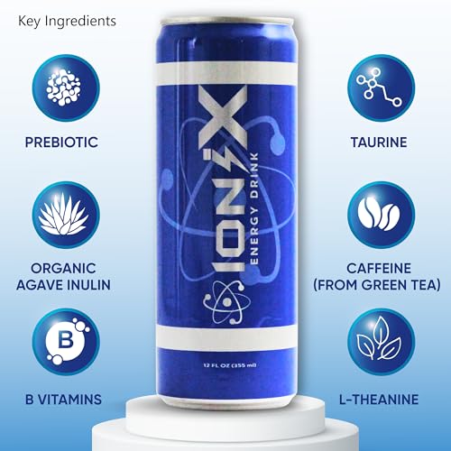 Image of Nootropic Energy Drink - ionix Nootropic Drink to Boost Focus and Mood with Natural Green Tea Caffeine, Vitamins & Prebiotic for Gut Health, Pure Cane Sugar & L-Theanine - 12 fl oz Cans (Pack of 12)