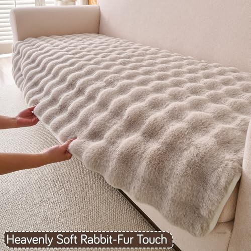 Image of HOKIPO 'FurHug' Luxury Faux Rabbit Fur Anti Slip Sofa Mat for 3 Seater, Latte Brown (NEW-5015-LCF*1)