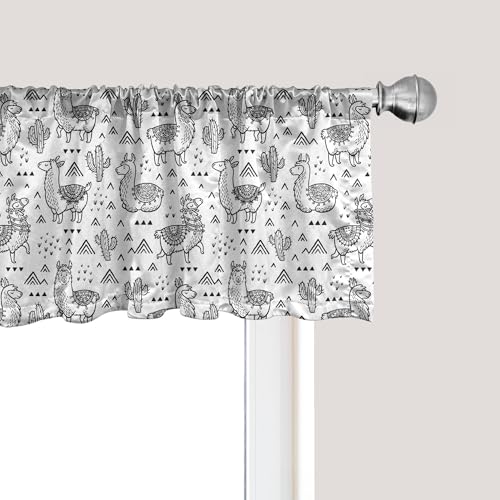 Ambesonne Llama Window Valance, Abstract Triangles Doodle Style Alpacas in Monochrome Cartoon Pattern, Curtain Valance for Kitchen Bedroom Decor with Rod Pocket, 54" X 18", White Charcoal Grey