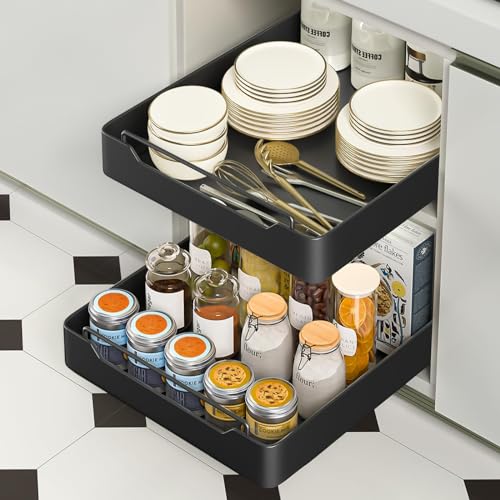 Homgo Cassetto telescopico, organizer da cucina estraibile, con cassetti estraibili, per mobili da cucina, senza fori e chiodi, 25 x 43 x 7 cm (larghezza x profondità x altezza) (nero)