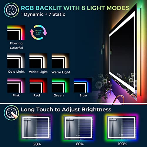 Image of 40x32 Inch RGB LED Bathroom Mirror Front Light and RGB Backlit Lighted Vanity Mirror for Bathroom Wall Mounted Dimmable Anti Fog Memory Shatter-Proof IP54 Waterproof Horizontal /Vertical