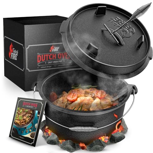 Taste of Fire [Das Original] - 7,4 Liter Dutch Oven Set mit Standfüßen & 1,8 Liter Deckel mit Doppelfunktion zusätzlich als Grillpfanne nutzbar – inkl. Deckelheber und E-Book