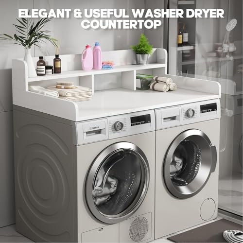 CuisinSmart Washer Dryer Countertop with 2-Tier Shelf, Wood Laundry Countertop Over Washer and Dryer with Edge, 54" Width x 27.5" Depth Laundry Hamper Table Top Storage Organization White
