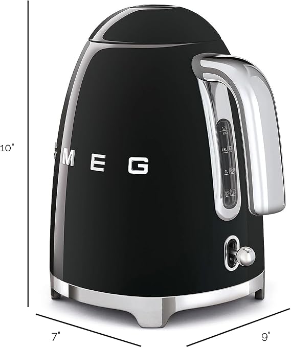 SMEG 50's Retro Style Electric Water Kettle with Automatic Shutoff, Removable Base, and Water Indicator, KLF03BLUS, Black