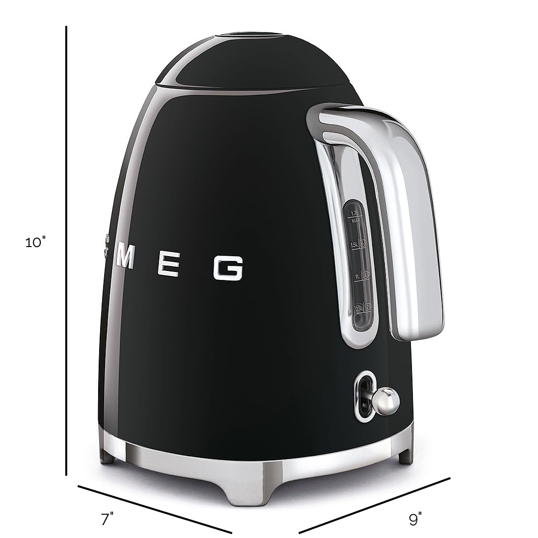 SMEG 50's Retro Style Electric Water Kettle with Automatic Shutoff, Removable Base, and Water Indicator, KLF03BLUS, Black