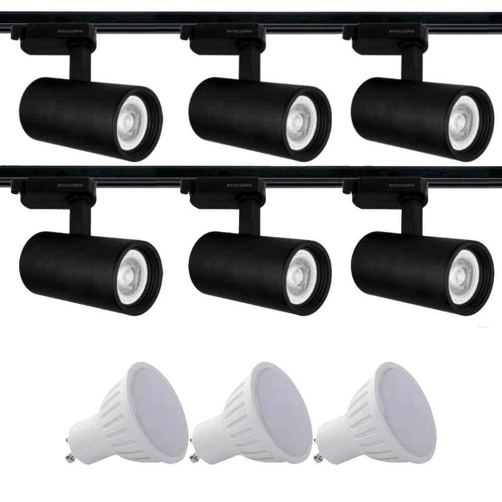 Ceiling Wall Light Fitting 3M Meter Track Length 6 Spot Heads Black Cool White 5W GU10 LED Bulbs Single Circuit Adjustable Tilt Multi Directional Rotatable Swiveling Kitchen Office Show Room Lighting