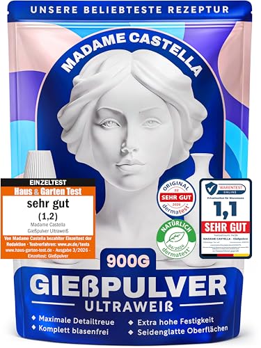 MADAME CASTELLA Gießpulver Weiß 900g [TESTSIEGER] Turbo Gips zum Gießen - Lufthärtendes Giesspulver Weiss für Silikonformen - Reliefgießpulver - Keramik Gießpulver für traumhafte Ergebnisse
