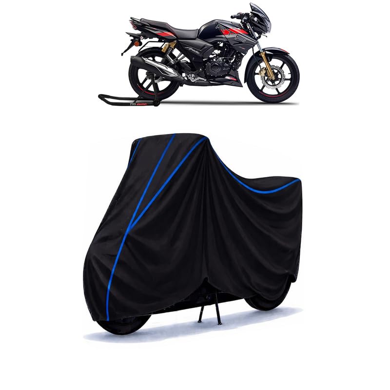 Image of TVS Apache RTR 180 Bike Cover Water Resistant Universal Motorcycle Rain | Heavy Duty UV Protection, Dust, Scratch Indoor Outdoor All Weather with Black Blue Piping Elastic