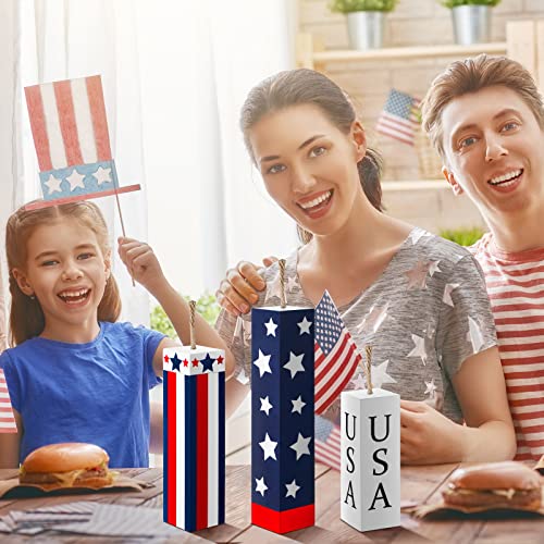 Image of Amyhill 3 Pcs 4th of July Decorations Set Wooden Patriotic Table Centerpieces Independence Day Wood Firework Fourth of July Table Signs for 250th Anniversary Home Farmhouse Decor (Flag)