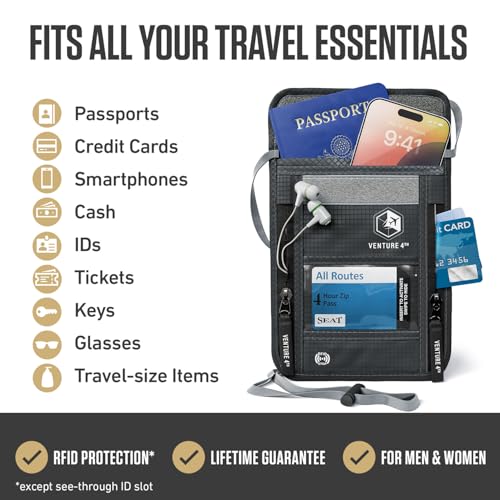VENTURE 4TH Neck Wallet – RFID Blocking Passport Holder for Travel, Hidden Passport Wallet, Concealed Travel Wallet for Women, Men & Family (Gray) - Image 3