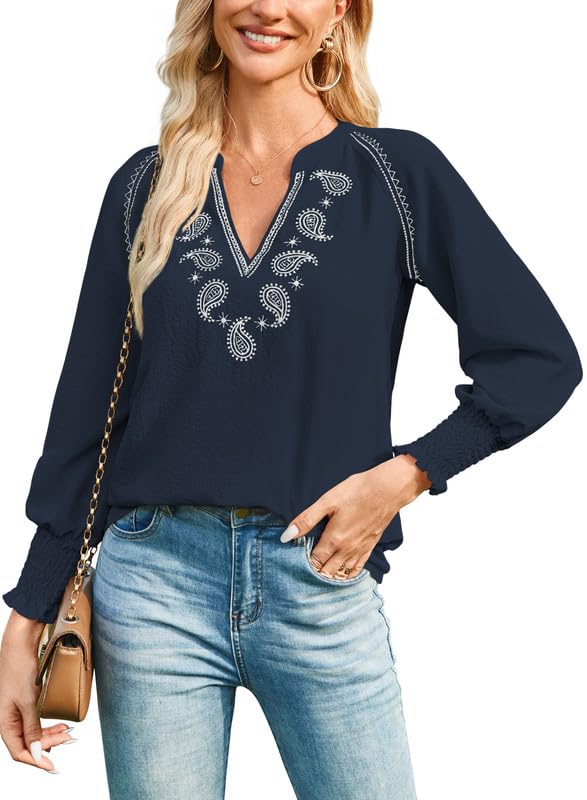 Womens Fall Tops V Neck Long Sleeve Shirts Casual Chiffon Blouses Flowy Smocked Cuffed Boho Embroidered Top