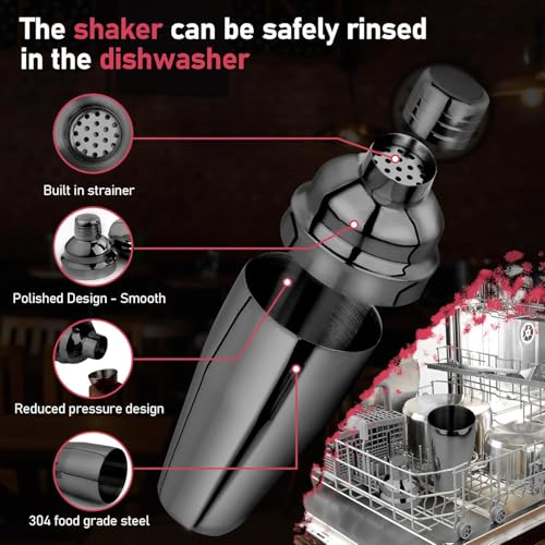 Cocktail Shaker 25oz MartiniShaker BarShaker DrinkShaker Bar tools with Built-In Strainer for Bartender, Professional 18/8 Stainless Steel Margarita Mixer for Mixed Drinks (Black)