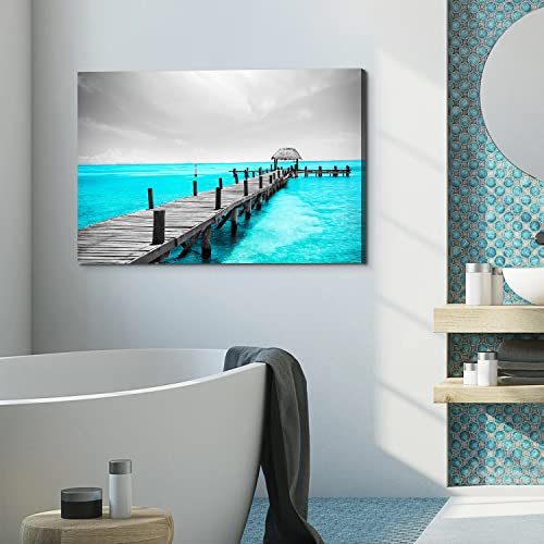 Image of Teal Blue Coastal Canvas Wall Art for Bathroom, Black and White Beach Bridge Seascape Prints Picture Decor 16x24 inch, Grey Nature Ocean Landscape Painting Artwork for Bedroom Living Room Home Decoration