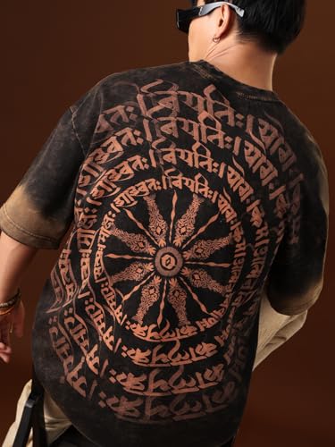 Image of The Souled Store Samsara Men and Boys Short Sleeves Round Neck Grey Graphic Printed Cotton Super Oversized T-Shirts