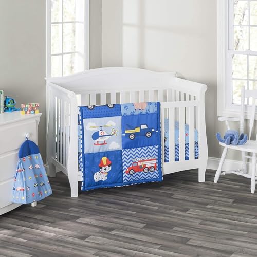 EVERYDAY KIDS 4 Piece Boys Crib Bedding Set - Little Rescuer - Includes Quilt, Fitted Sheet, Dust Ruffle and Diaper Stacker - Nursery Bedding Set - Baby Crib Bedding Set