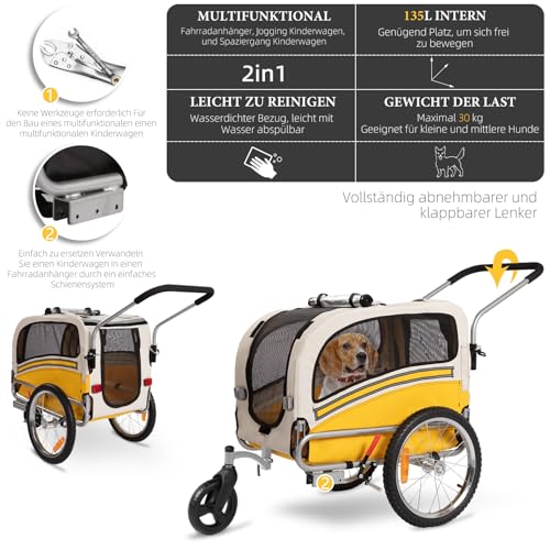 Fiximaster Hundeanhänger 2-in-1 für Fahrrad & Jogger – Transportwagen für Hunde bis 30 kg, faltbar, mit Bremsen, Signalwimpel, Outdoor & Heimgebrauch, leicht zu montieren (Gelb)