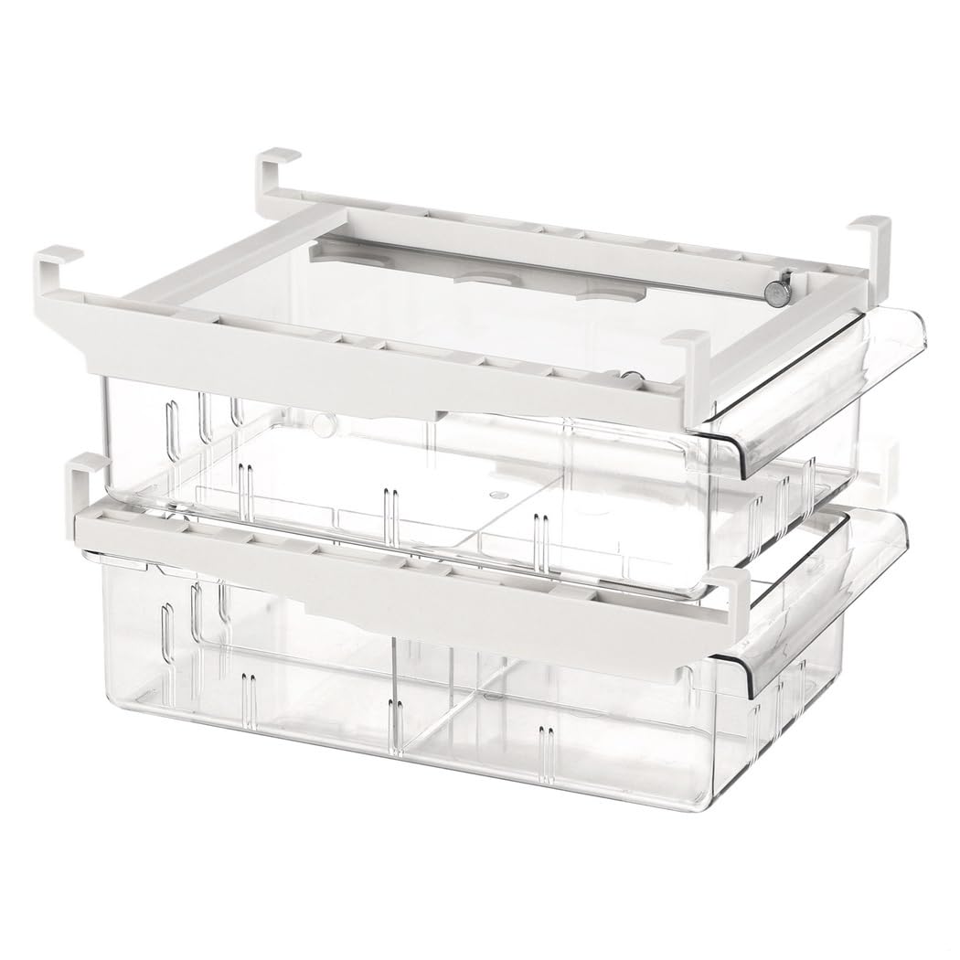 Contenedores para cajones de nevera con asas y divisores, 2 bandejas organizadoras transparentes para congelador, para frutas, verduras y huevos