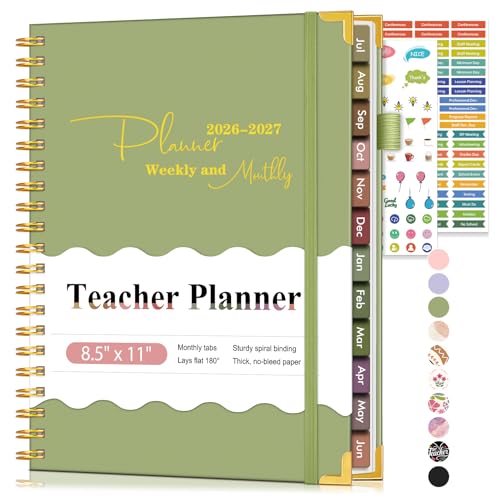Image of Teacher Planner 2026-2027, July 2026 - June 2027, Academic Weekly & Monthly Calendar Planner with Tabs, 8.5" x 11" A4 Teacher Lesson Plan Book with 7 Periods, Daily Agenda School Organizer for Teacher Student Homeschool, Green