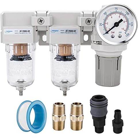 NANPU DFR-02 Air Drying System - Double Air Filter, Air Pressure Regulator Combo 1/4" NPT - Manual Drain, Poly Bowl Cover