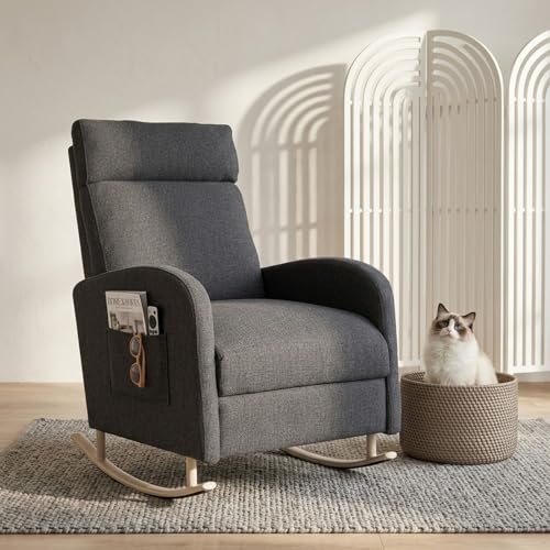 JIEXI Mecedora, moderna y cómoda, silla de salón tapizada, sillón de tela con respaldo alto con bolsillo lateral, capacidad de 150 kg, silla decorativa gris para sala de estar, dormitorio, balcón