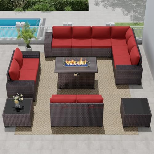 Image of 13 PCS Outdoor Patio Furniture Set,Outdoor Sectional Furniture with 43 inch 55000 BTU Gas Propane Fire Pit Table,All Weather PE Rattan Wicker Patio Conversation Set,Red