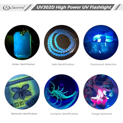 LIGHTFE Lanterna ultravioleta de luz negra 365 nm 18650 bateria recarregável filtro preto, usado par