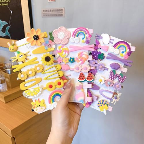 Image of Giggles Boo 28 Pcs Korean Style Hair Clips Set for Girls & Kids | Cute Rainbow, Fruit, Flower & Unicorn Designs | Metal Tic Tac Pins for Toddlers & Women | Pink, Purple, Yellow (2 Random Pack)