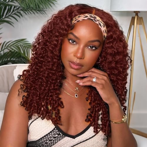 Image of Punmasa Headband Wig Human Hair Deep Wave 16 Inches Reddish Brown None Lace Front Wig Machine Made Brazilian Virgin Glueless Wear and Go Curly Headband Half Wigs for Black Women
