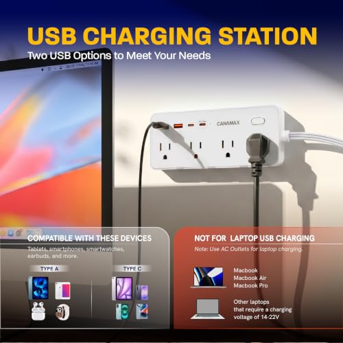Image of 6 Ft Extension Cord Surge Protector Power Strip, Fast Charge 20W USB C, Flat Plug with 8 AC Outlets & 4 USB (2 USB C, 1 PD 20W), 1050J Surge Protector, 1875W /13A, Wall Mountable for Home Office Dorm