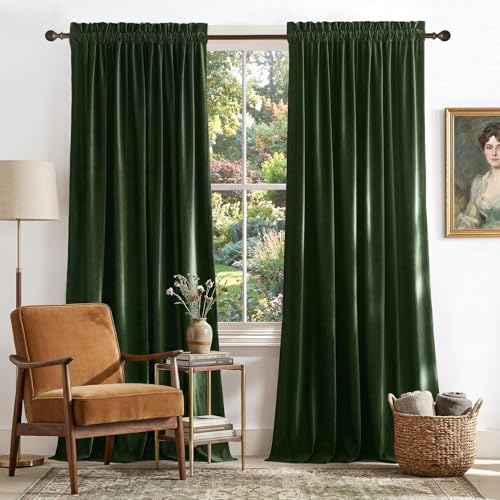 NICETOWN Olive Green Velvet Curtains 96 inch Long for Living