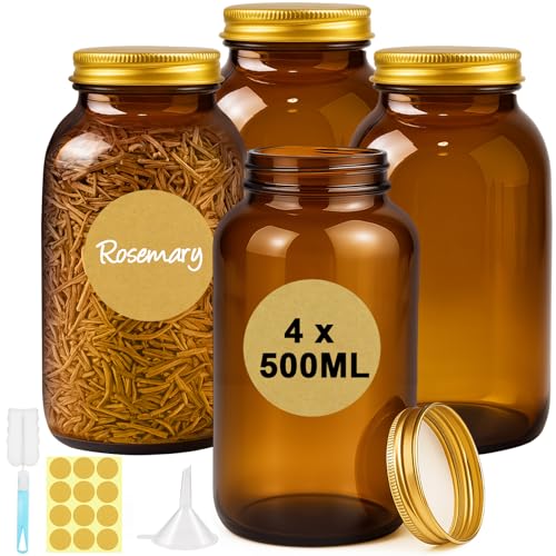 Ferenando 4 X 500ml Tarros De Vidrio Ámbar Con Tapa De Aluminio, Tarros De Cristal Con Tapas, Botes De Cocina Para Almacenar Especias, Hierbas, Té, Café, Frutos Secos Protección Antihumedad
