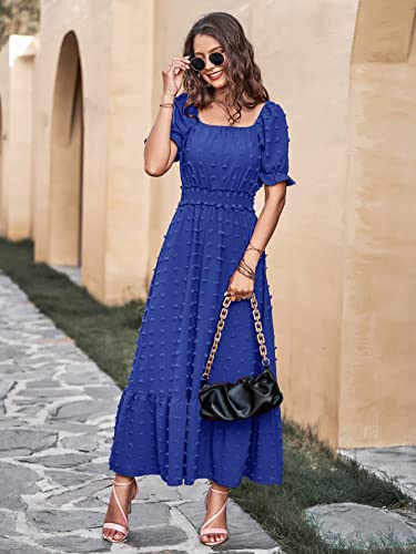 Prettygarden Women's Boho Maxi Dress Puff Short Sleeve Square Neck Swiss Dot Smocked Waist Ruffle Hem Tiered Long Dresses(Royal Blue,Medium) #TOP3
