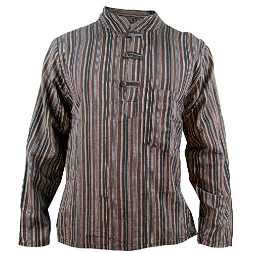 Kurta rayada de algodón liviano para hombres, Little Kathmandu Marrón marrón Medium