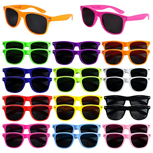 24 Pack 12 Color Neon Sunglasses Party Favors,80’s Retro Style Perfect Colorful Novelty Sun glasses Set for Birthday Party Supplies,Beach,Pool Party Favors,Party Toys,Goody Bag Favors for Kids Adults