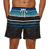 SILKWORLD Men's Quick Dry Swim Trunks with Pockets Swimsuit Swimming Shorts, Grey Black/Multicolor Stripe, Large
