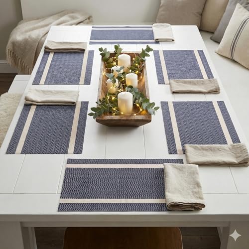 Image of YELONA Placemats Set of 6, Heat-Resistant Woven Vinyl Table Mats, Non-Slip & Washable Dining Tablemats for Kitchen & Dinner Decor, Dark Blue & Gold (45cm x 30cm)