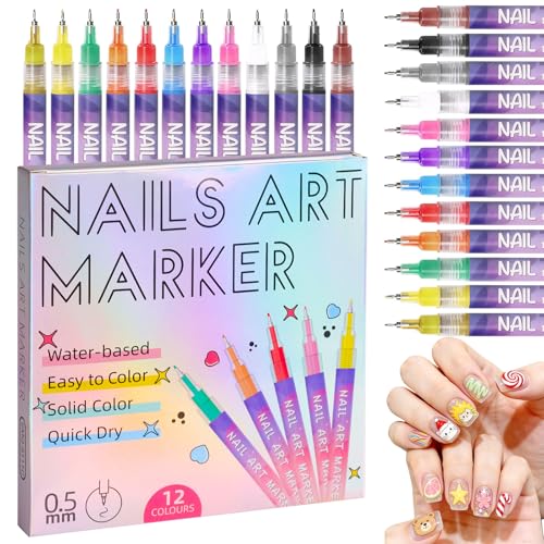 Rotuladores Para Pintar Uñas,12 Colores Bolígrafo de Uñas Nail Art 3D,0.5mm Pen Manicure Bolígrafo para Dibujar para DIY Dotting Para Niñas, Adultos, Mujeres, Principiantes, Lienzo Y Salon