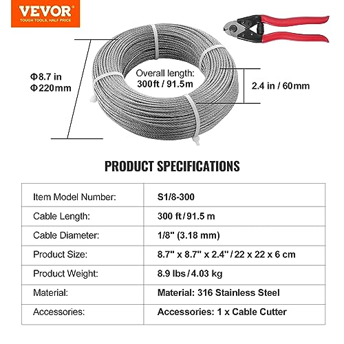 VEVOR T316 Deck Railing Cable, 1/8" Stainless Steel Wire Rope 300 ft with Cutter Kit, 7x7 Strands Construction Marine Aircraft Grade for Handrail Stair Decking Fence Outdoors by VEVOR - Used condition - Image 7