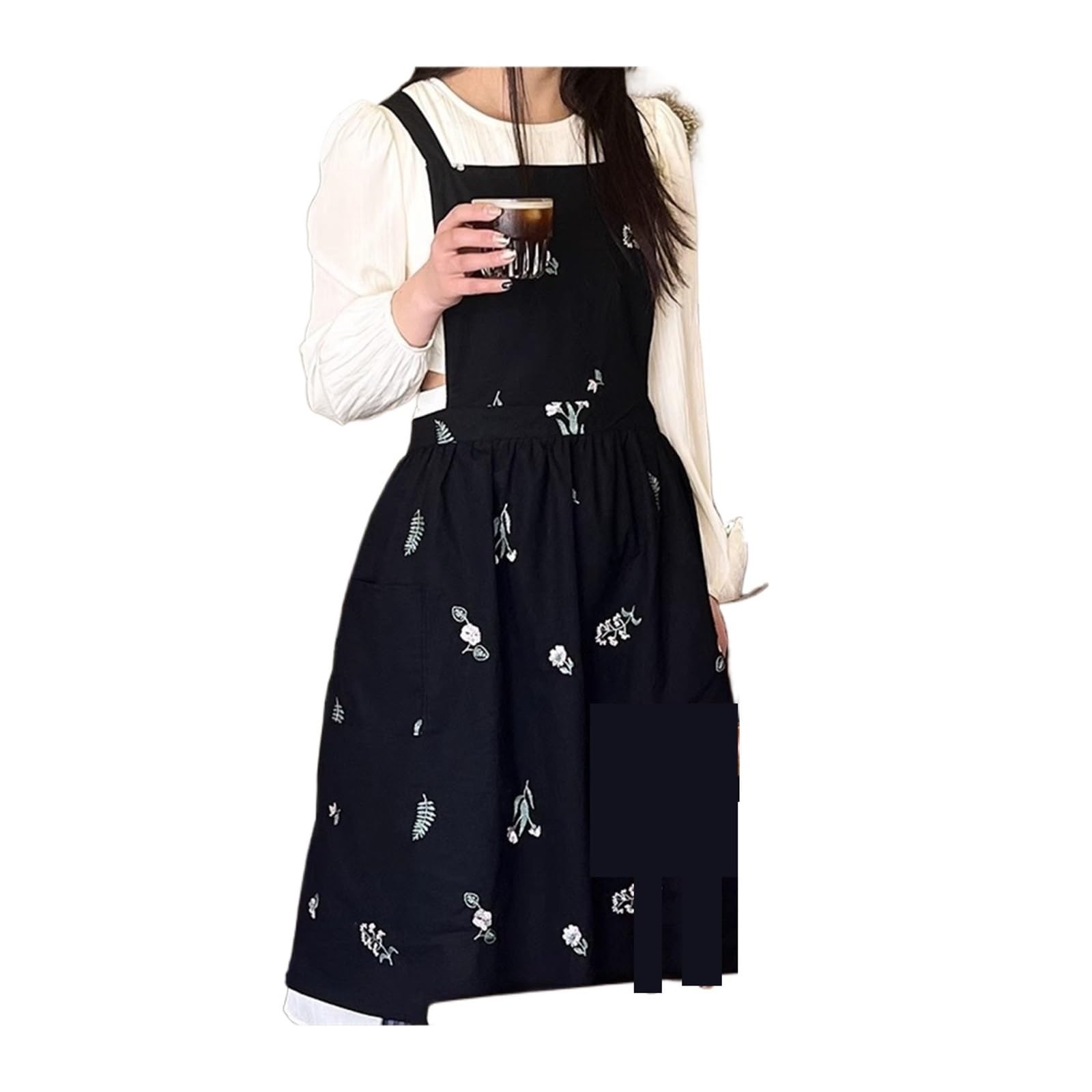 Tela Grembiuli Grembiule da donna in cotone impermeabile ricamato, con incrocio sul retro, a pieghe lunghe, utilizzato for lavori di cucina