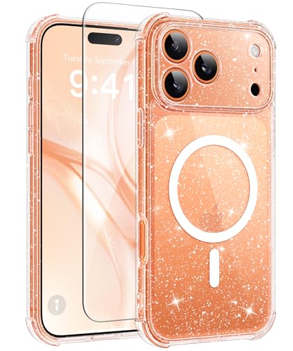 BERFY for iPhone 17 Pro Case for Women, Compatible with MagSafe, Clear Glitter Shockproof Protective Case, Anti-Yellowing, with Screen Protector & 3 Diamond Camera Lens Covers 6.3', Sparkle Clear