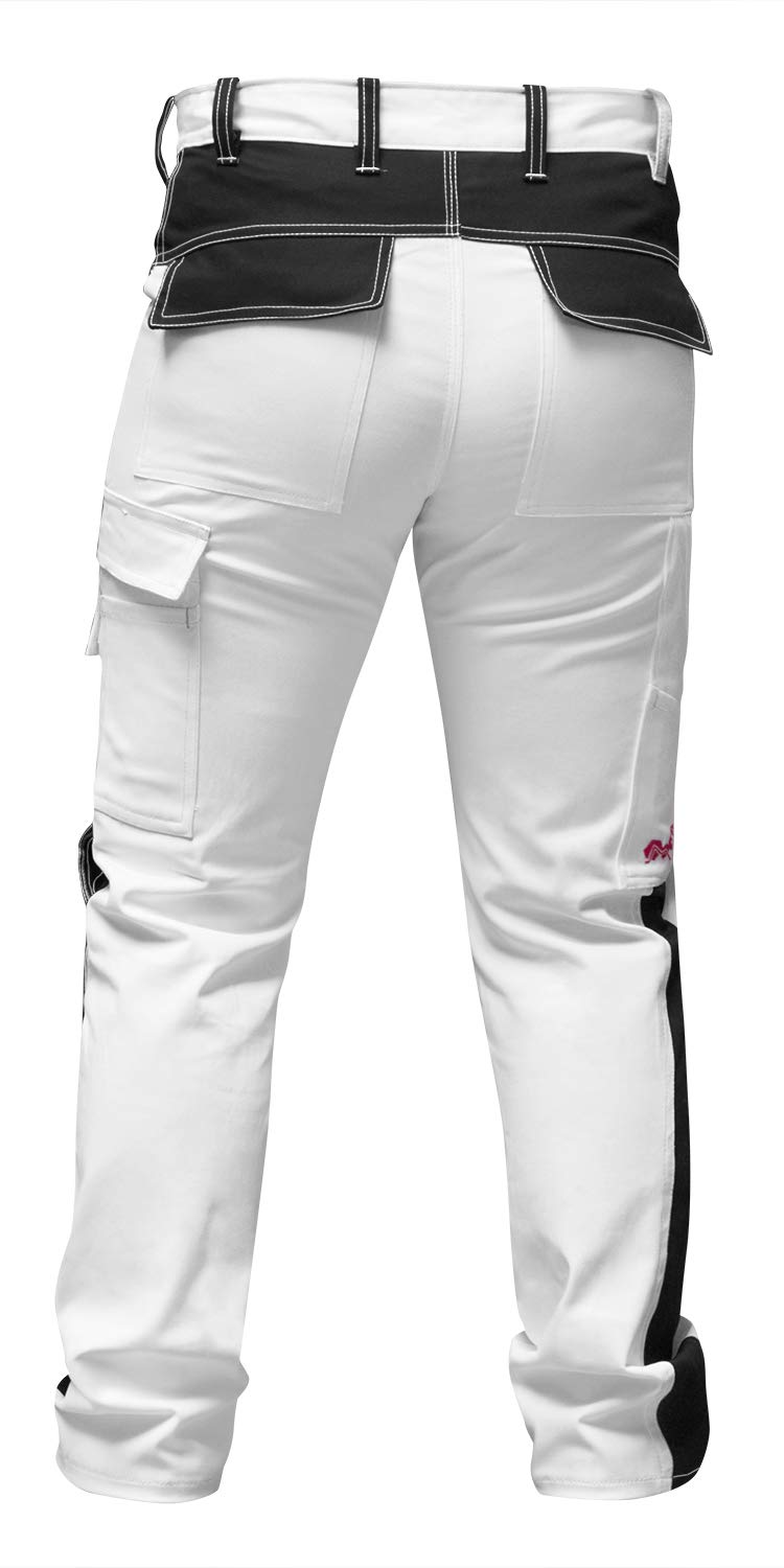 strongAnt® - Pantalon de Peintre élastique, Pantalon de Travail Femme Blanc, Poches pour genouillères, Fermeture éclair et Bouton métallique - Blanc-Noir Couture Blanche 36