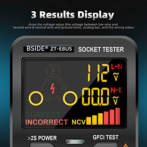 Image of BSIDE EBTN LCD Outlet Tester 3 Results Display, Integrated Voltage Detector, GFCI Receptacle Socket Tester Circuit Analyzer US Wall Plug Leakage Tester Electricity Line Fault Checker