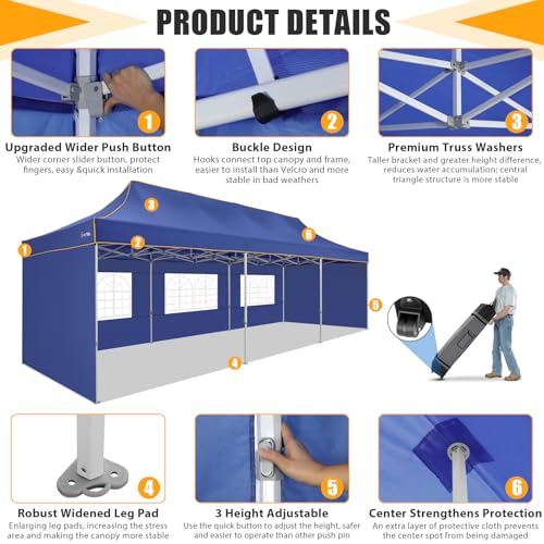 Image of HOTEEL 10x30 Heavy Duty Pop Up Canopy Tent with 5 Sidewalls&Wheeled Bag, Commercial Event Party Tent Wedding Instant Canopy Waterproof, Upgraded Thicked Hexagonal Legs, UV 50+, Deep Blue