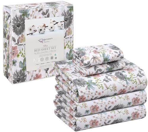 RUVANTI 100% Cotton Split King Sheets Sets for Adjustable Bed, 5 PCs, Soft & Breathable Percale Weave Bedding, Deep Pocket 16", Hotel Standard,Crisp Cool Feel & Durable, Floral Sheet, Dandelion Field