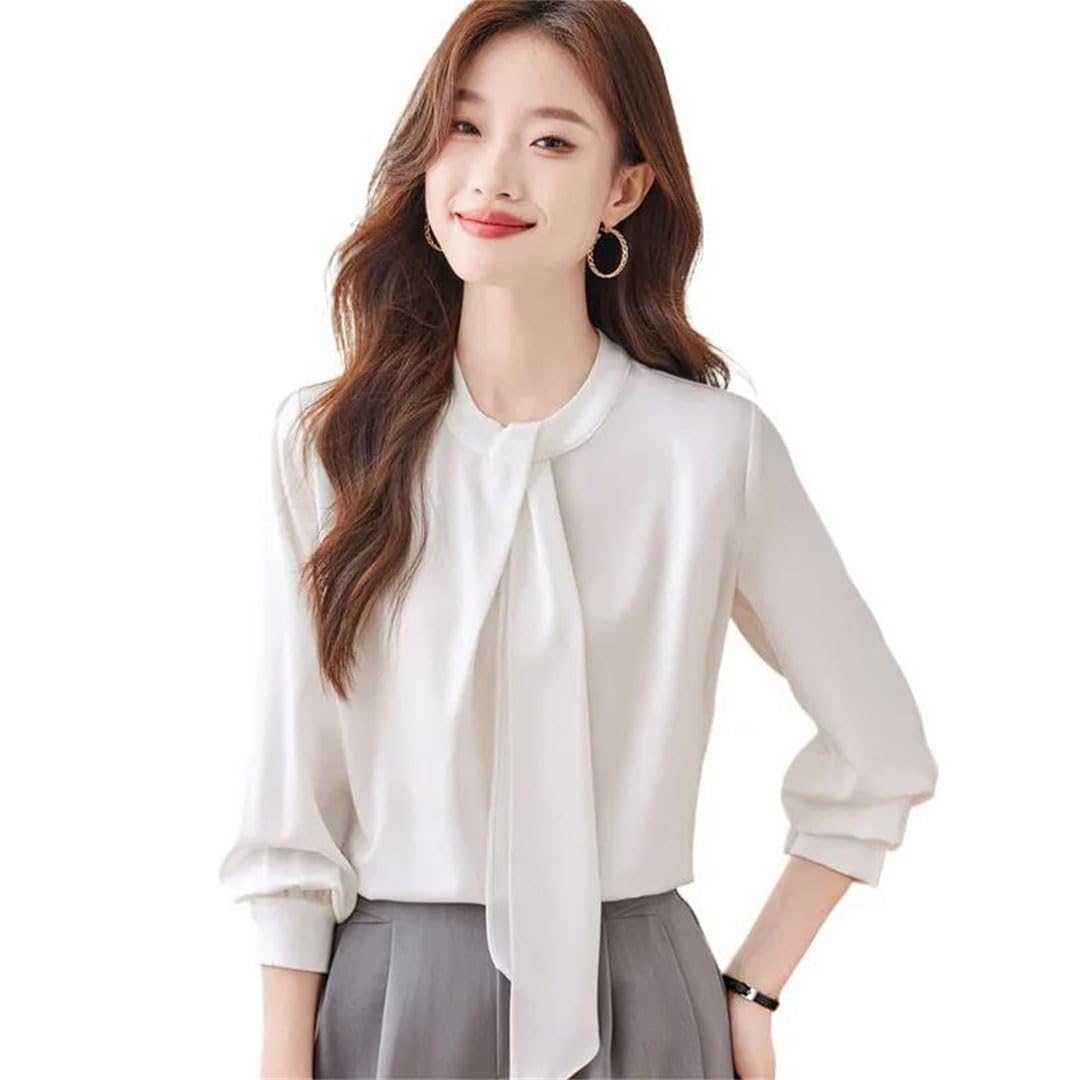 Blusa elegante de oficina para mujer, con lazo, cuello redondo, manga larga, color liso